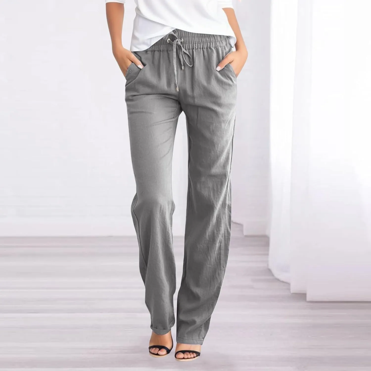 Womens High Waist Linen Pants Lightweight Summer Baggy Casual Pants Drawstring Straight Leg Trousers with Pockets