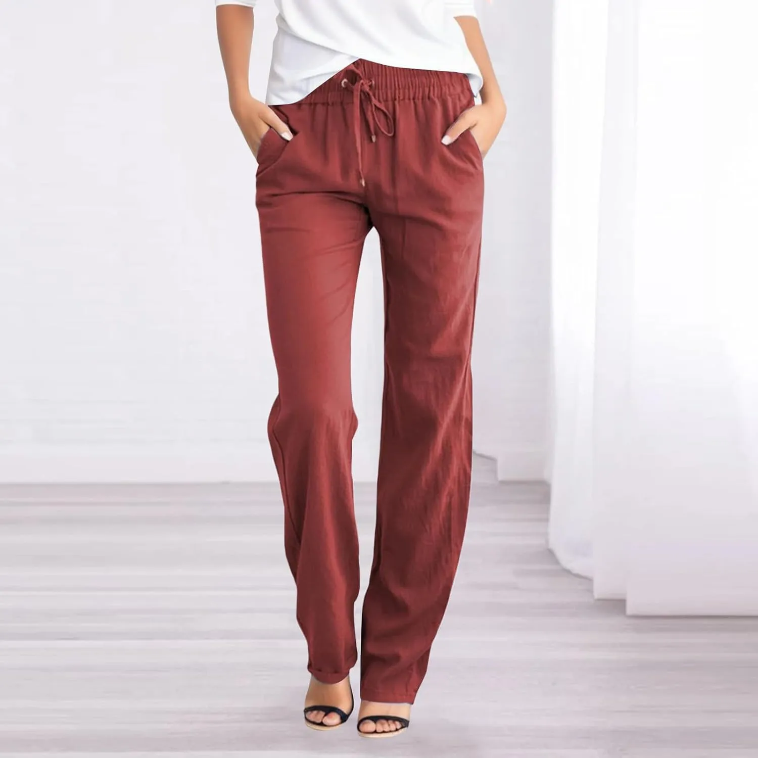Womens High Waist Linen Pants Lightweight Summer Baggy Casual Pants Drawstring Straight Leg Trousers with Pockets