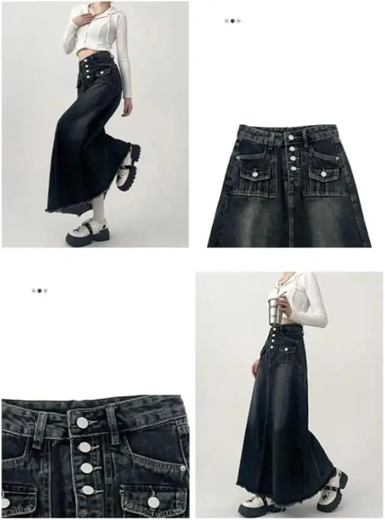 Women's High-Waisted Cargo Denim Skirt Long A-Line Mid-Length Skirt Retro Korean Style Clothing