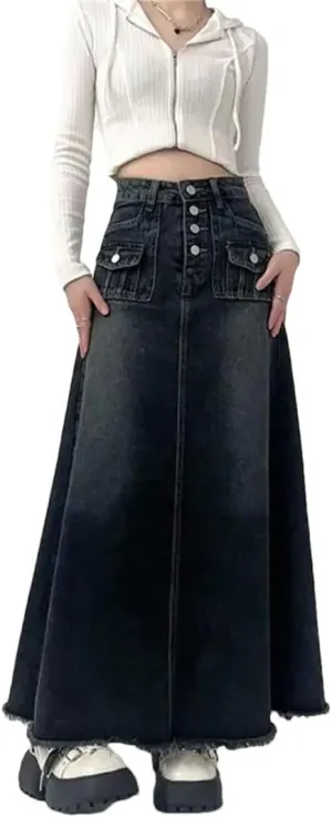 Women's High-Waisted Cargo Denim Skirt Long A-Line Mid-Length Skirt Retro Korean Style Clothing