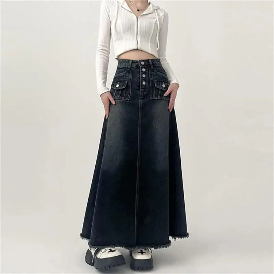 Women's High-Waisted Cargo Denim Skirt Long A-Line Mid-Length Skirt Retro Korean Style Clothing