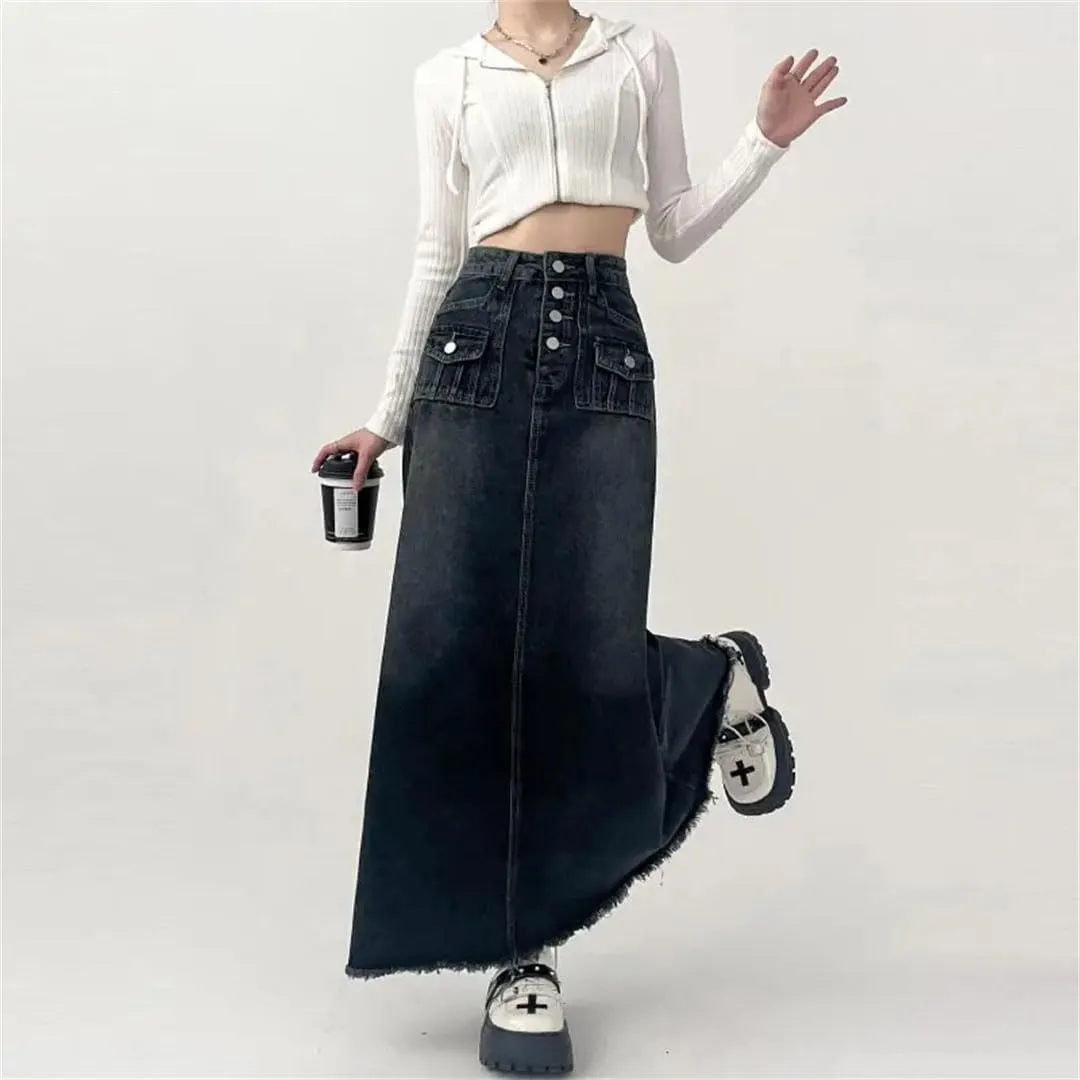 Women's High-Waisted Cargo Denim Skirt Long A-Line Mid-Length Skirt Retro Korean Style Clothing