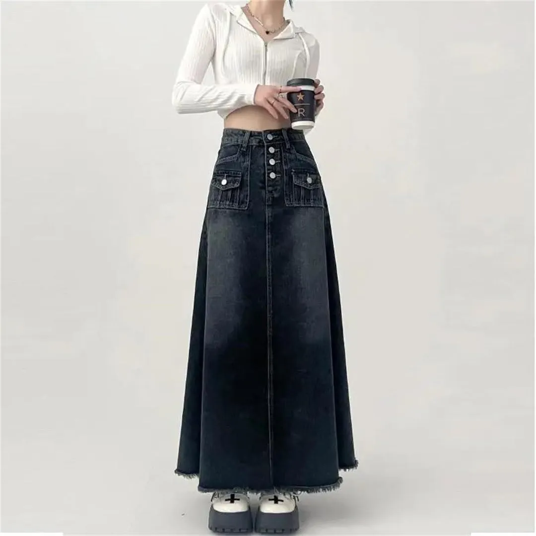 Women's High-Waisted Cargo Denim Skirt Long A-Line Mid-Length Skirt Retro Korean Style Clothing