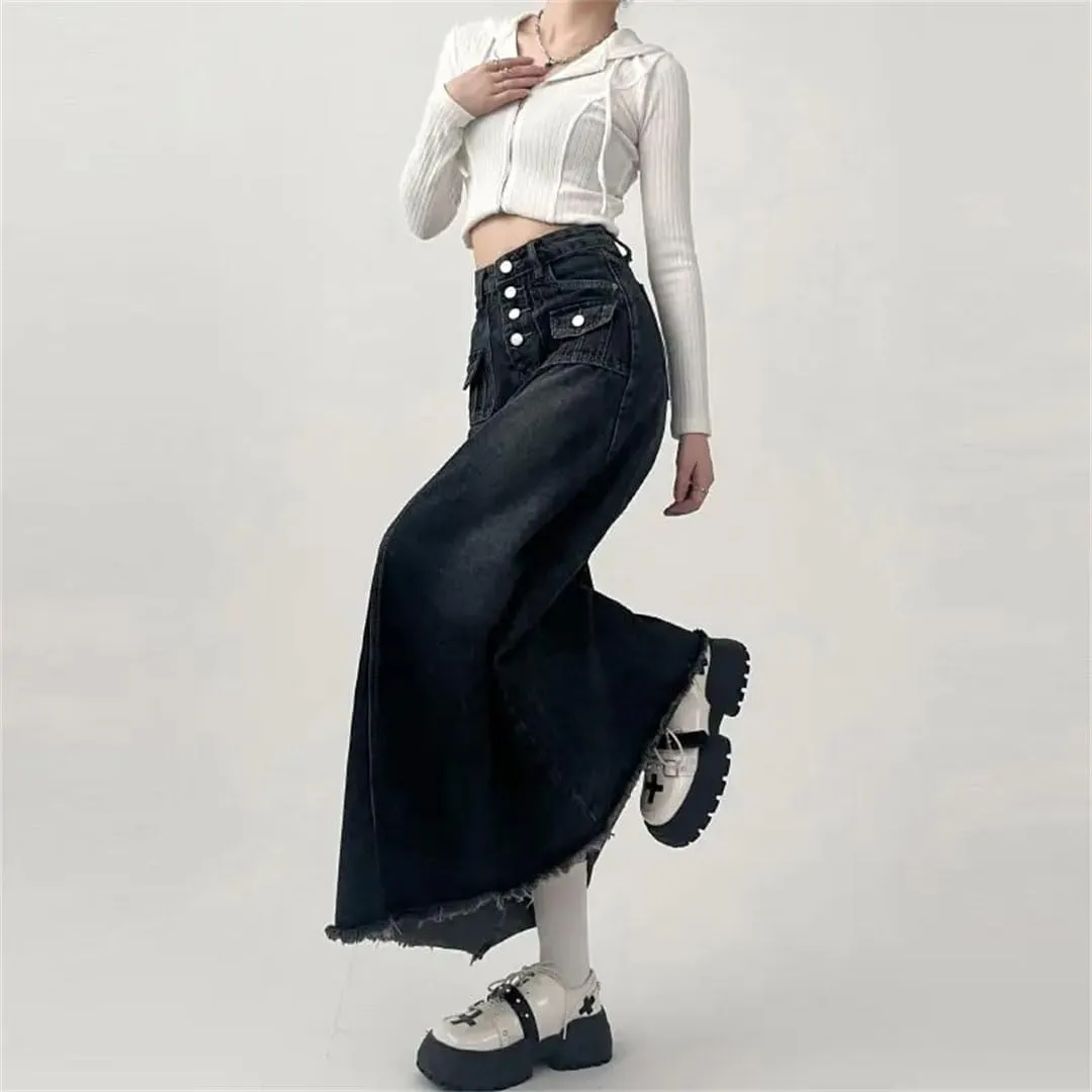 Women's High-Waisted Cargo Denim Skirt Long A-Line Mid-Length Skirt Retro Korean Style Clothing