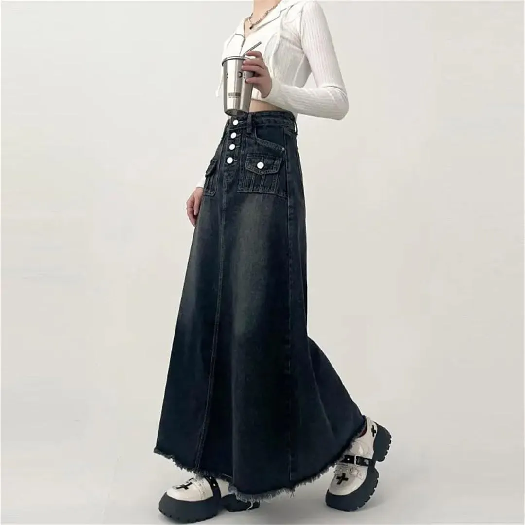 Women's High-Waisted Cargo Denim Skirt Long A-Line Mid-Length Skirt Retro Korean Style Clothing