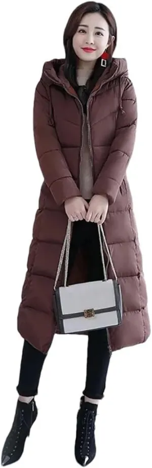Womens Long Down Cotton Coat Winter Warm Jacket Thicken Warm Padded Puffer Parkas Casual Hooded Jacket Overcoat