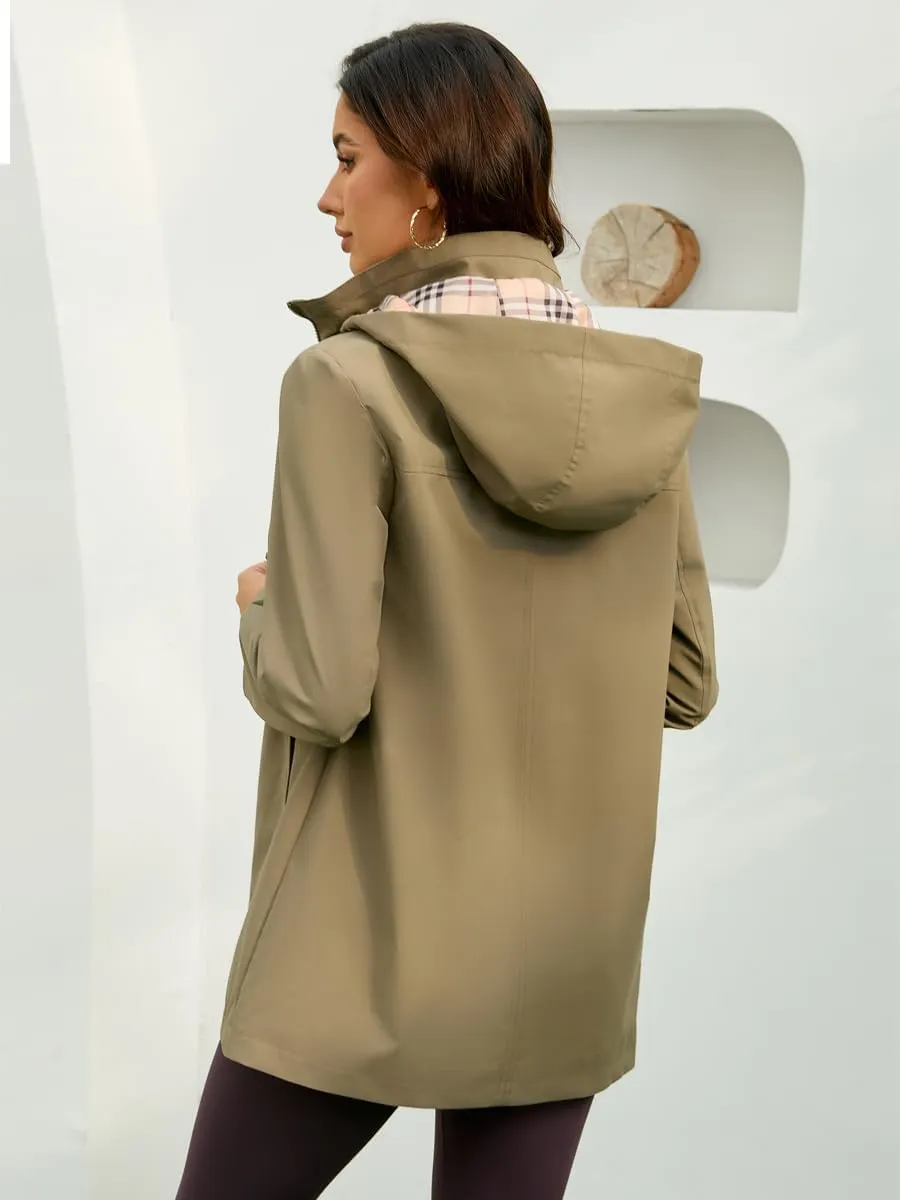 Womens Long Hooded Rain Jacket Waterproof Outdoor Hiking Raincoat Windbreaker Lined Lightweight Trench Coat
