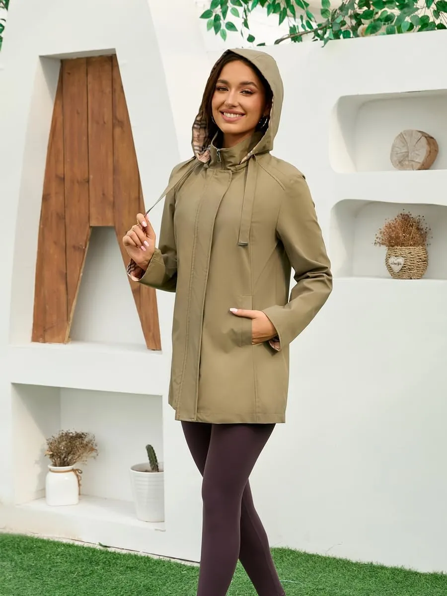 Womens Long Hooded Rain Jacket Waterproof Outdoor Hiking Raincoat Windbreaker Lined Lightweight Trench Coat