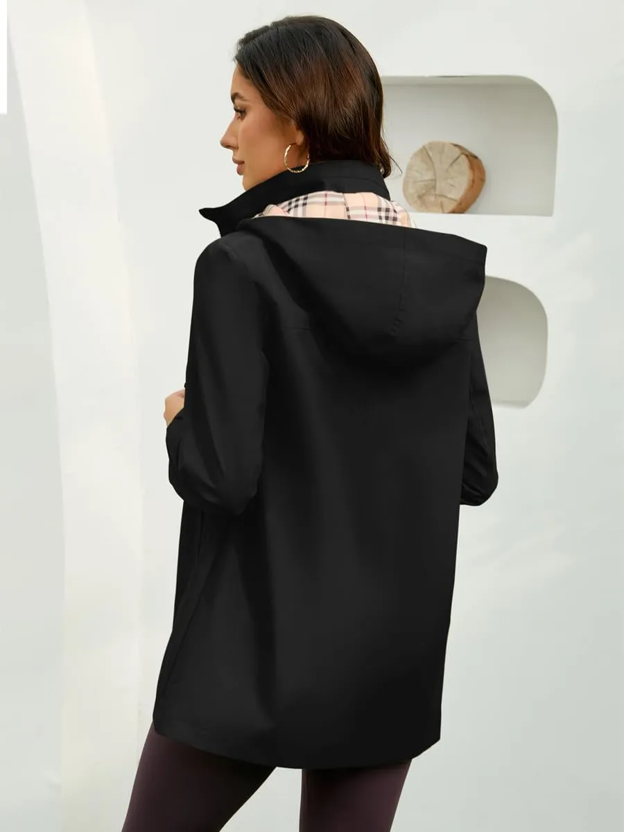 Womens Long Hooded Rain Jacket Waterproof Outdoor Hiking Raincoat Windbreaker Lined Lightweight Trench Coat