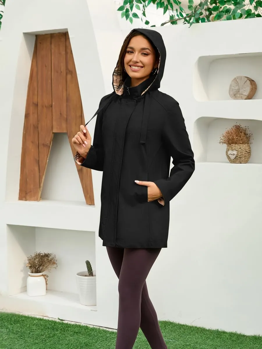 Womens Long Hooded Rain Jacket Waterproof Outdoor Hiking Raincoat Windbreaker Lined Lightweight Trench Coat