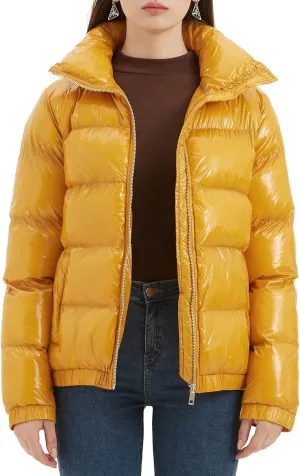 Women's Metallic Shiny Puffer Jacket Quilted Winter Warm Zip Stand Collar Casual Padded Short Bubble Coat
