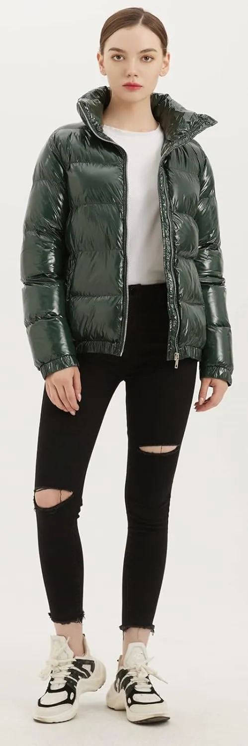 Women's Metallic Shiny Puffer Jacket Quilted Winter Warm Zip Stand Collar Casual Padded Short Bubble Coat