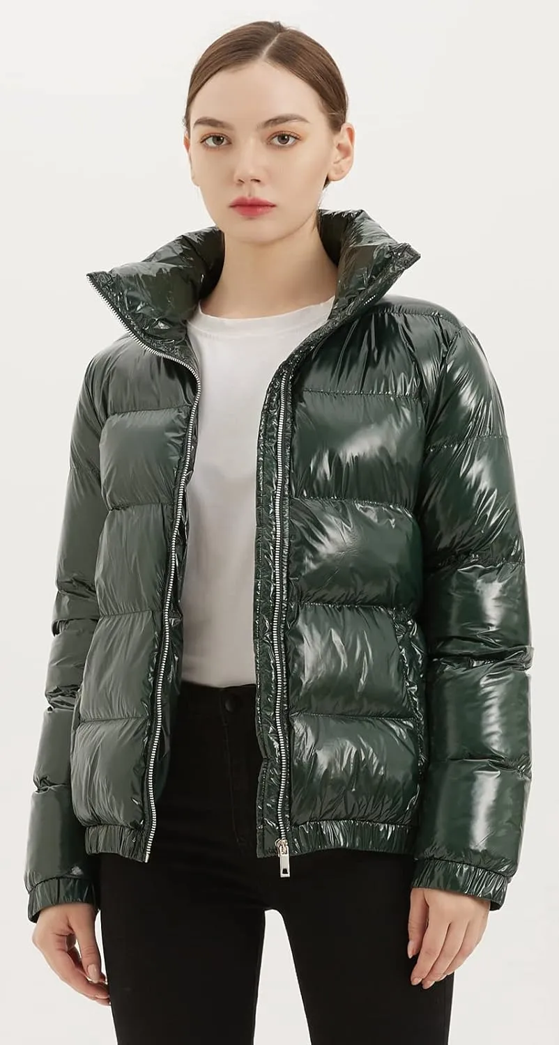 Women's Metallic Shiny Puffer Jacket Quilted Winter Warm Zip Stand Collar Casual Padded Short Bubble Coat