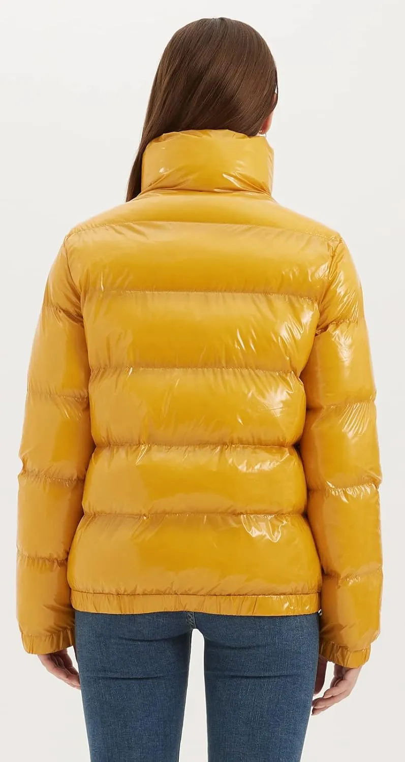 Women's Metallic Shiny Puffer Jacket Quilted Winter Warm Zip Stand Collar Casual Padded Short Bubble Coat