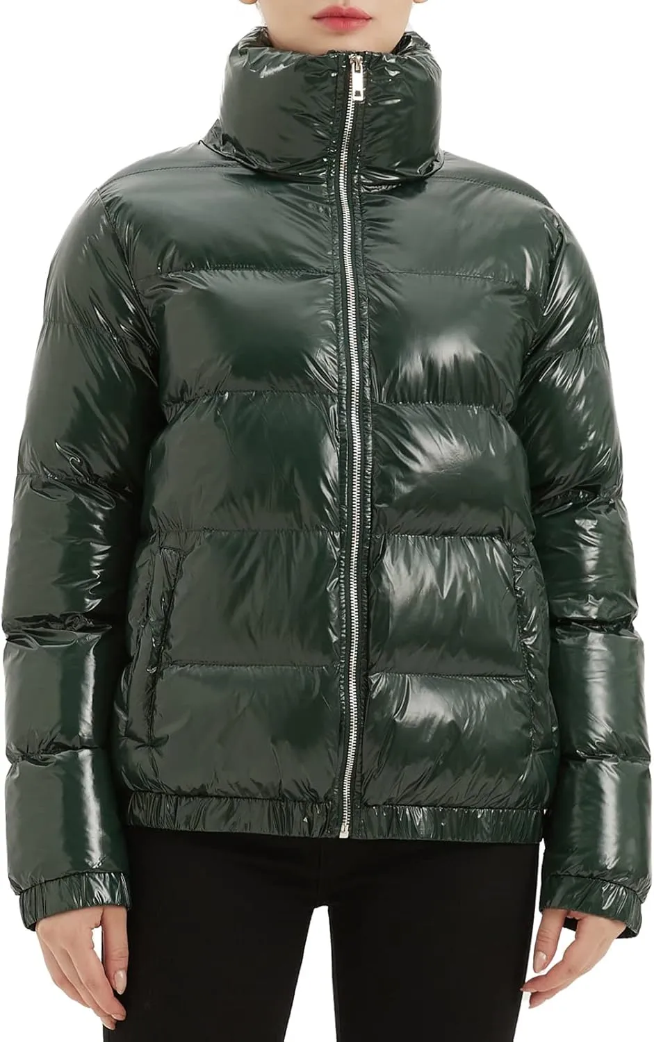 Women's Metallic Shiny Puffer Jacket Quilted Winter Warm Zip Stand Collar Casual Padded Short Bubble Coat