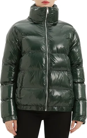 Women's Metallic Shiny Puffer Jacket Quilted Winter Warm Zip Stand Collar Casual Padded Short Bubble Coat