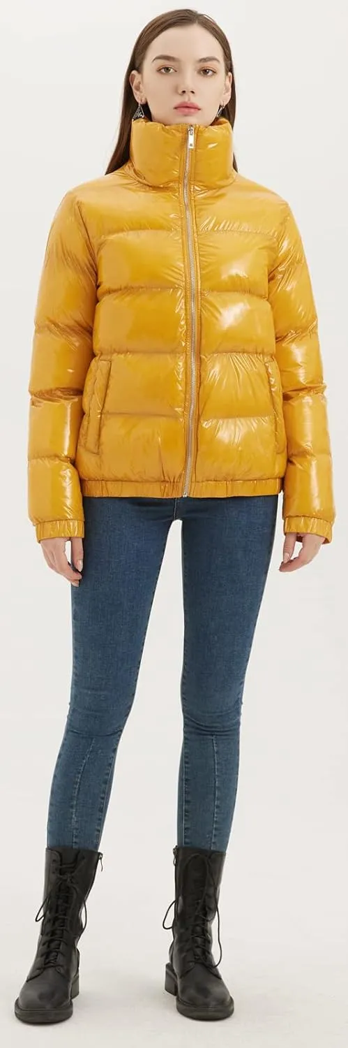 Women's Metallic Shiny Puffer Jacket Quilted Winter Warm Zip Stand Collar Casual Padded Short Bubble Coat