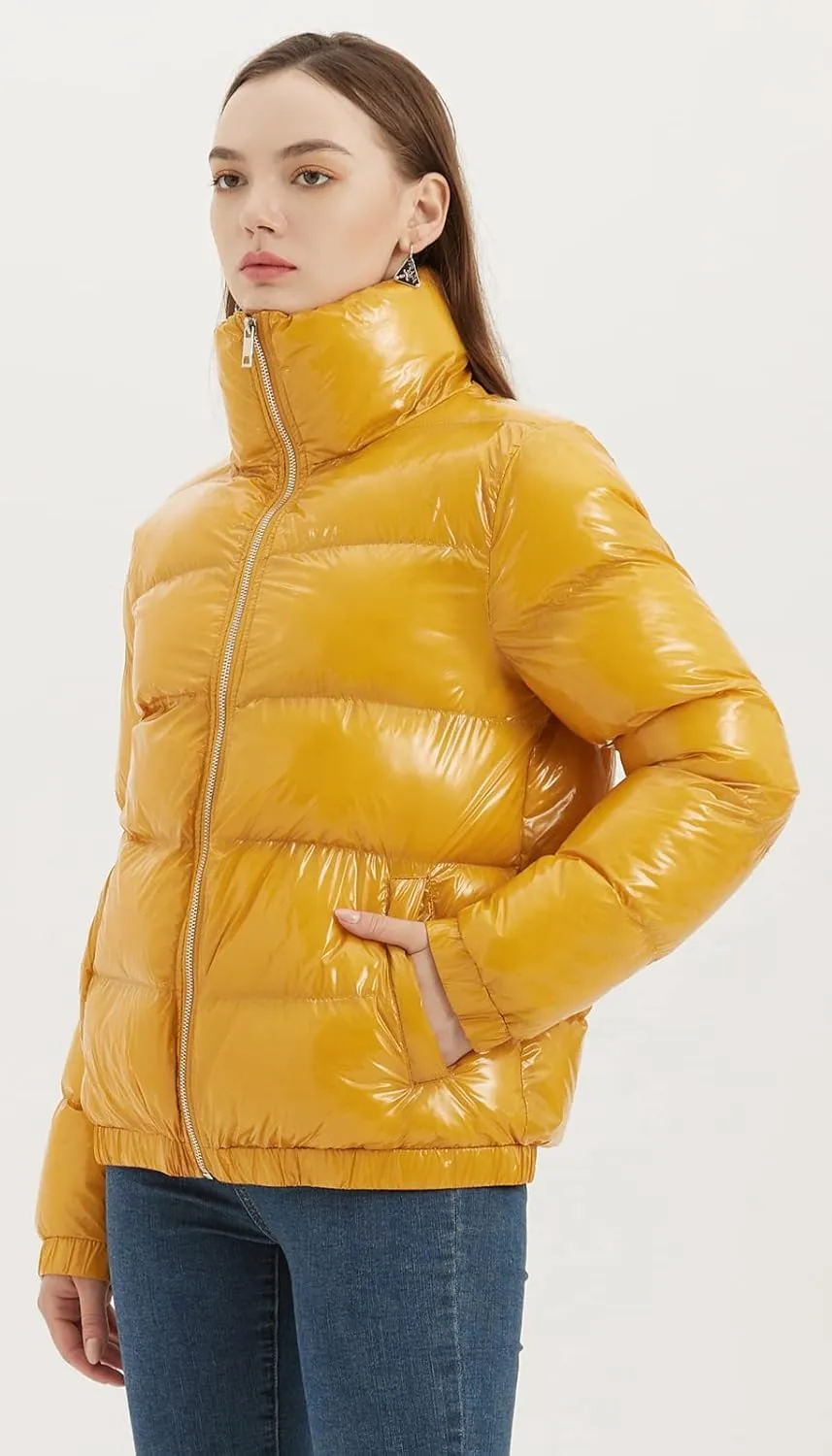 Women's Metallic Shiny Puffer Jacket Quilted Winter Warm Zip Stand Collar Casual Padded Short Bubble Coat