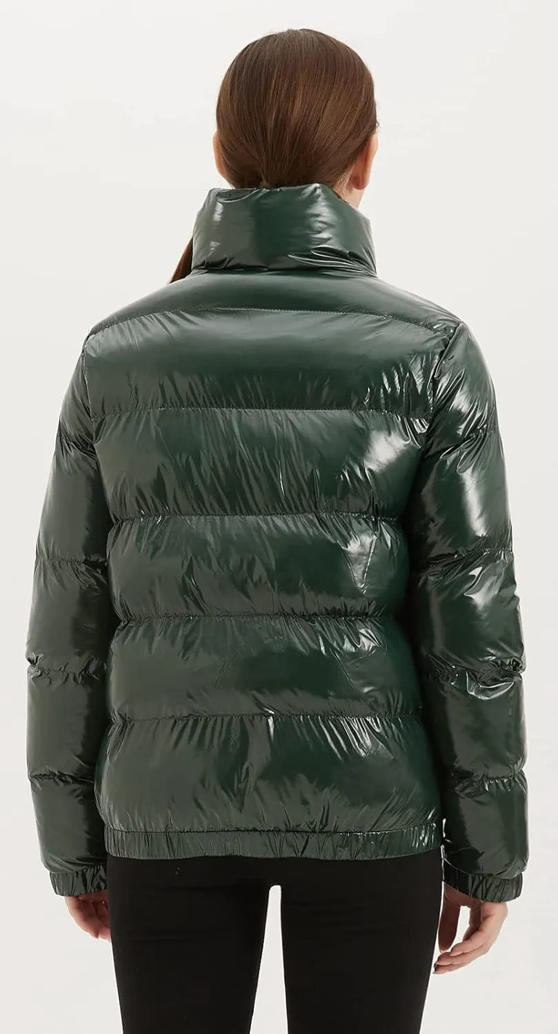 Women's Metallic Shiny Puffer Jacket Quilted Winter Warm Zip Stand Collar Casual Padded Short Bubble Coat