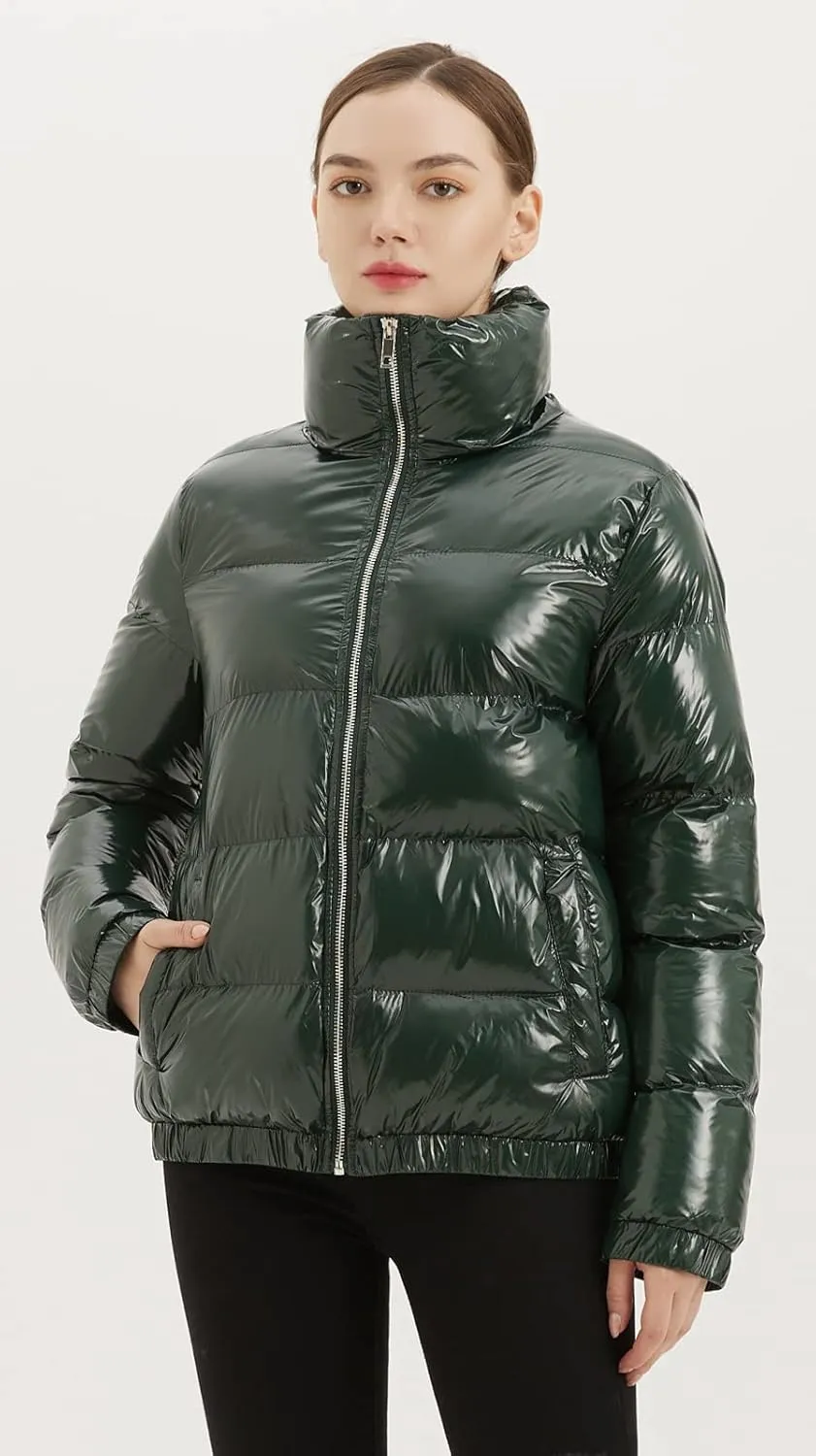 Women's Metallic Shiny Puffer Jacket Quilted Winter Warm Zip Stand Collar Casual Padded Short Bubble Coat