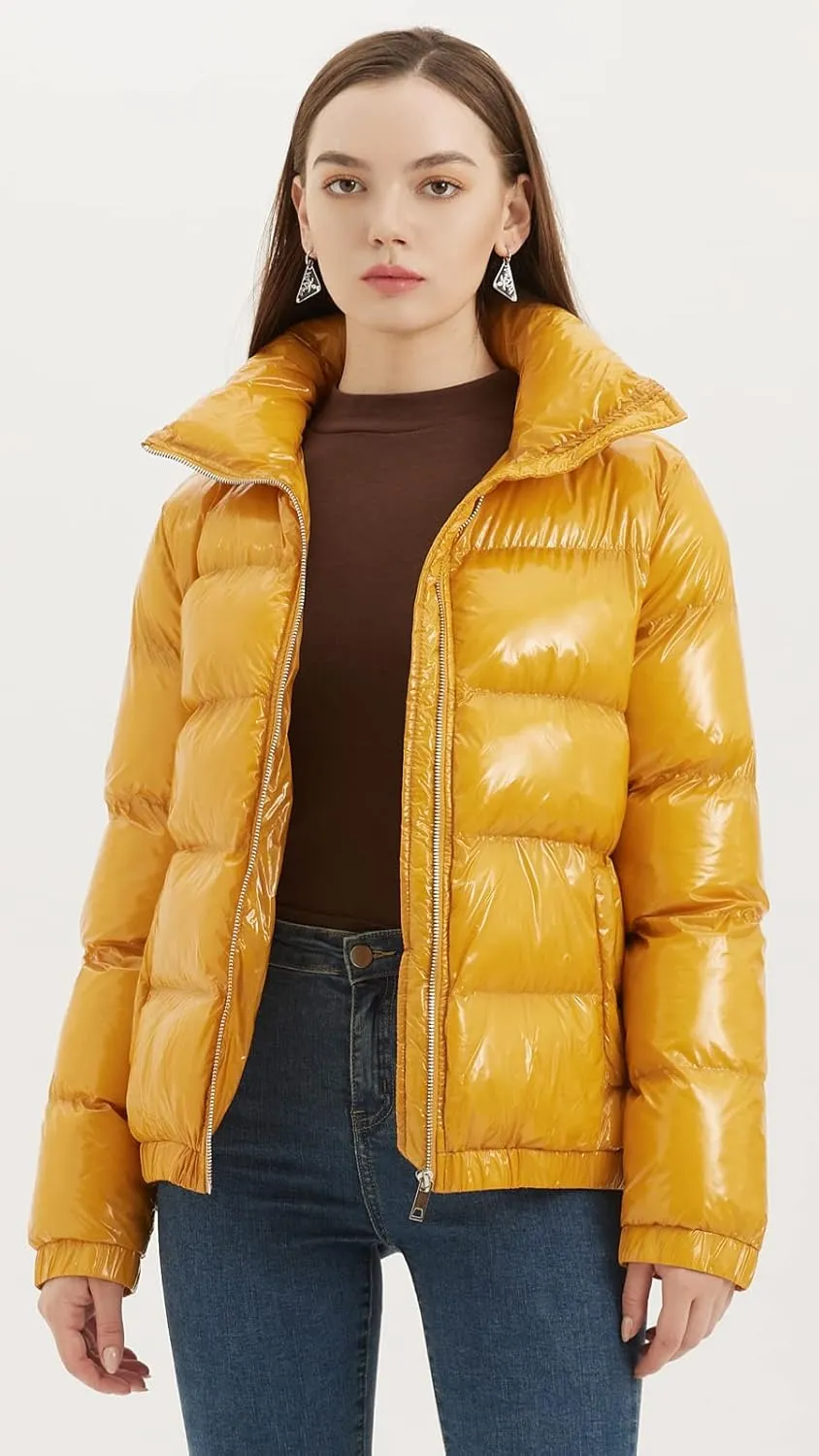 Women's Metallic Shiny Puffer Jacket Quilted Winter Warm Zip Stand Collar Casual Padded Short Bubble Coat