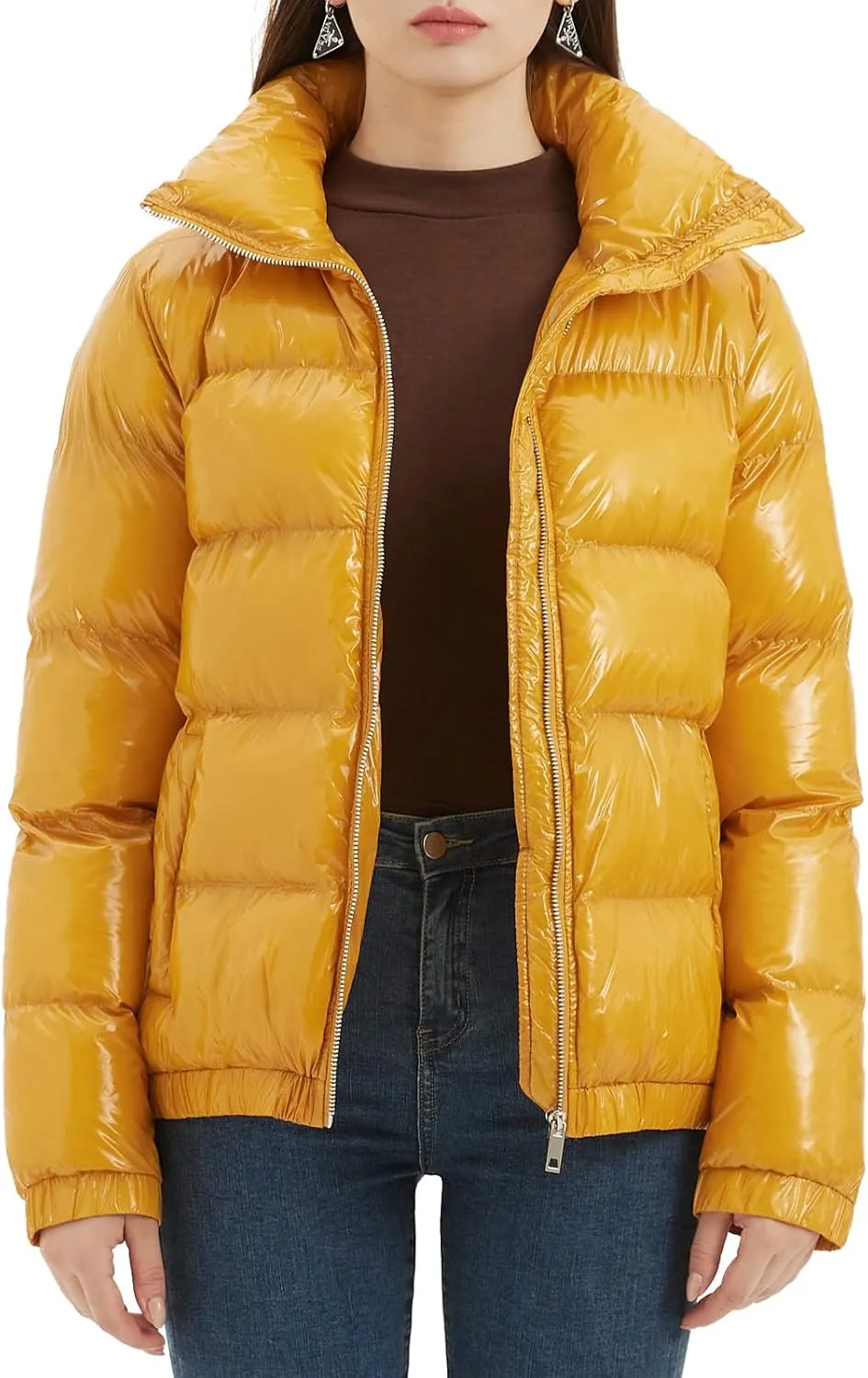 Women's Metallic Shiny Puffer Jacket Quilted Winter Warm Zip Stand Collar Casual Padded Short Bubble Coat