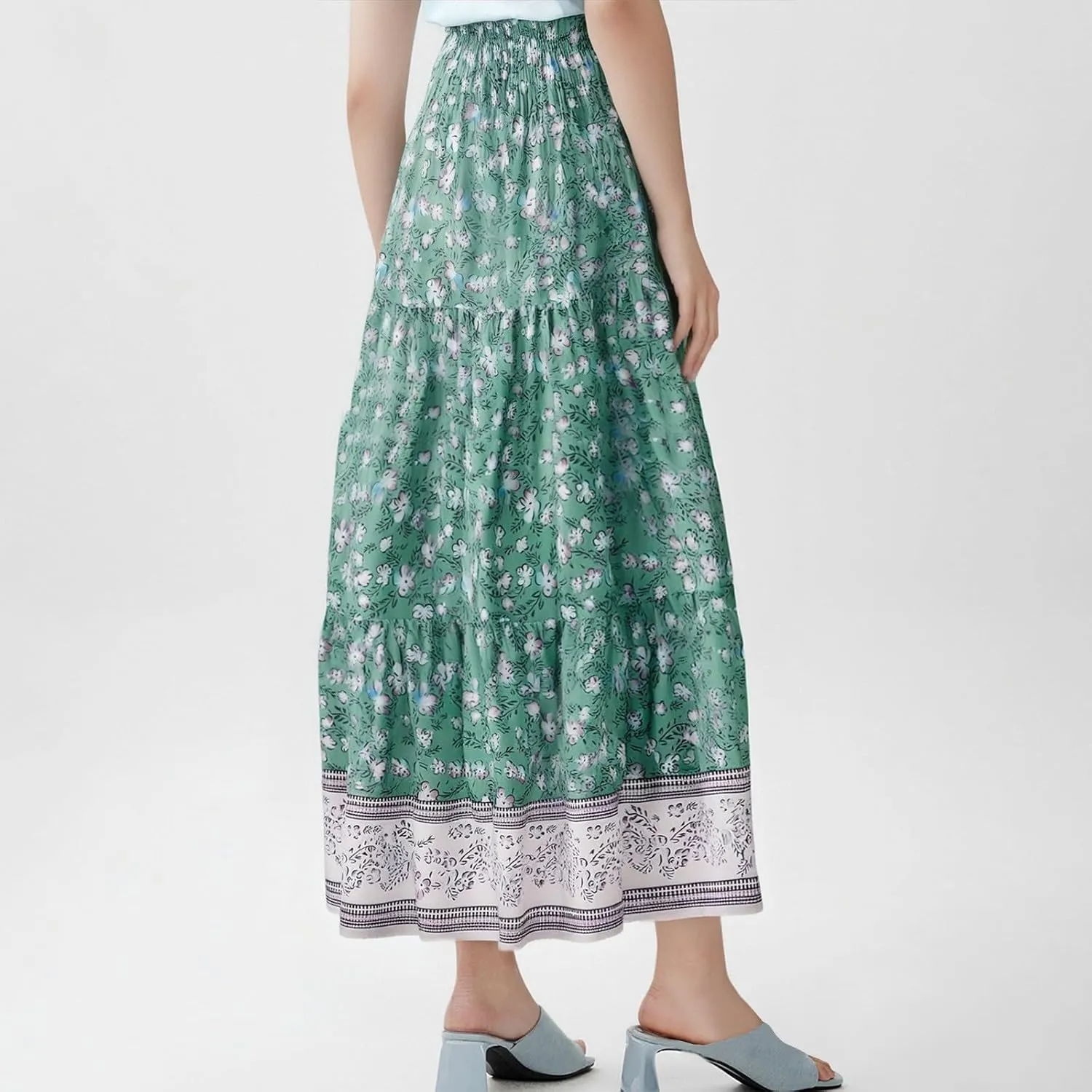 Women's Midi Skirt Summer 2025 Beach Boho Casual Maxi High Waist Vacation Skirts Floral Print Flowy Long Pleated Skirt