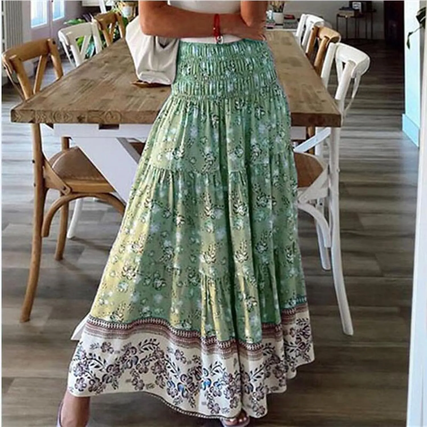 Women's Midi Skirt Summer 2025 Beach Boho Casual Maxi High Waist Vacation Skirts Floral Print Flowy Long Pleated Skirt