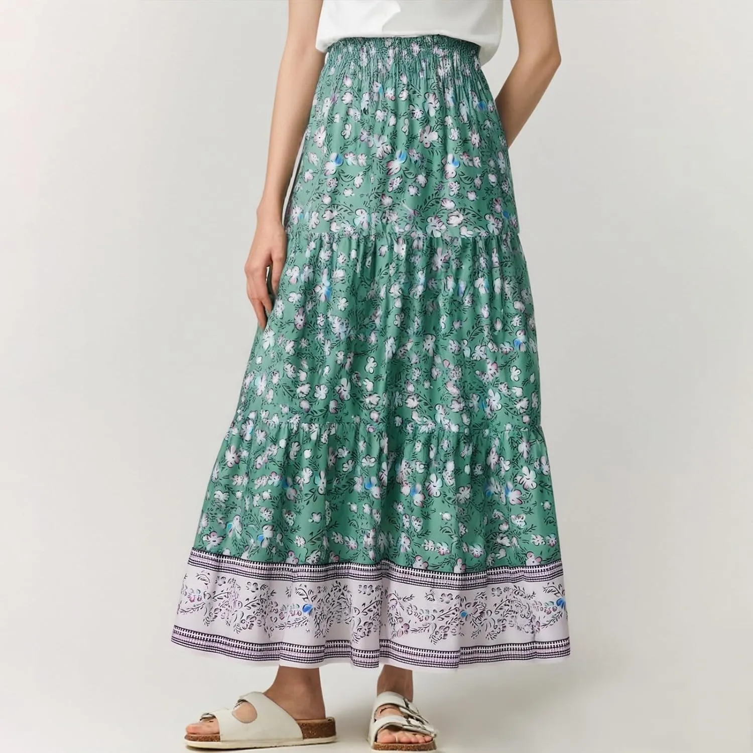 Women's Midi Skirt Summer 2025 Beach Boho Casual Maxi High Waist Vacation Skirts Floral Print Flowy Long Pleated Skirt
