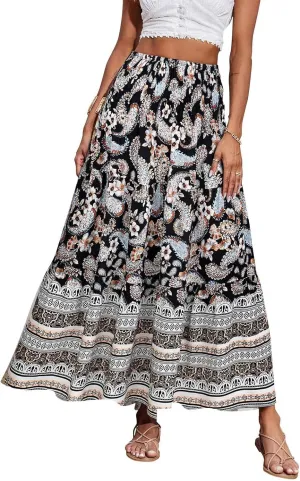 Women's Midi Skirt Summer 2025 Beach Boho Casual Maxi High Waist Vacation Skirts Floral Print Flowy Long Pleated Skirt
