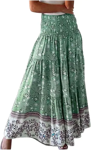 Women's Midi Skirt Summer 2025 Beach Boho Casual Maxi High Waist Vacation Skirts Floral Print Flowy Long Pleated Skirt