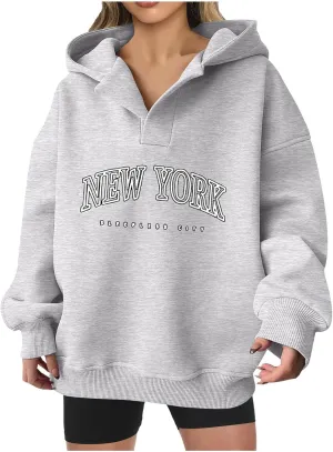 Womens Oversized Hoodies Long Sleeve Pullover Casual Fall Teen Girls Preppy Clothes 2024 Trendy V Neck Sweatshirts