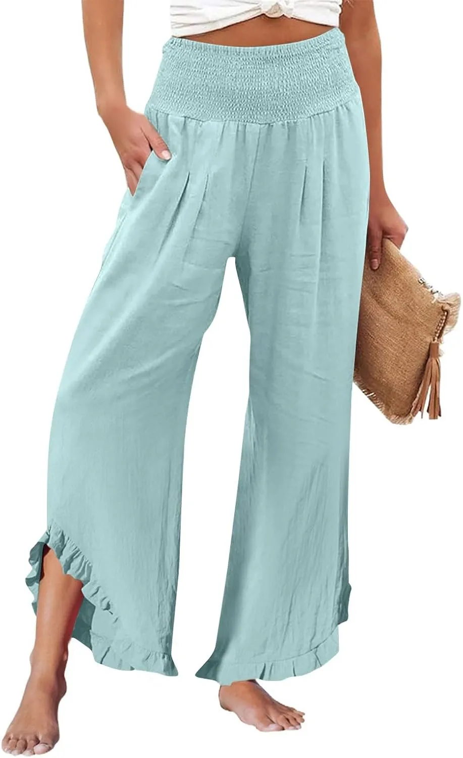 Womens Palazzo Linen Pants Casual Smocked High Waisted Ruffle Hem Wide Leg Pants Summer Loose Beach Pant with Pockets