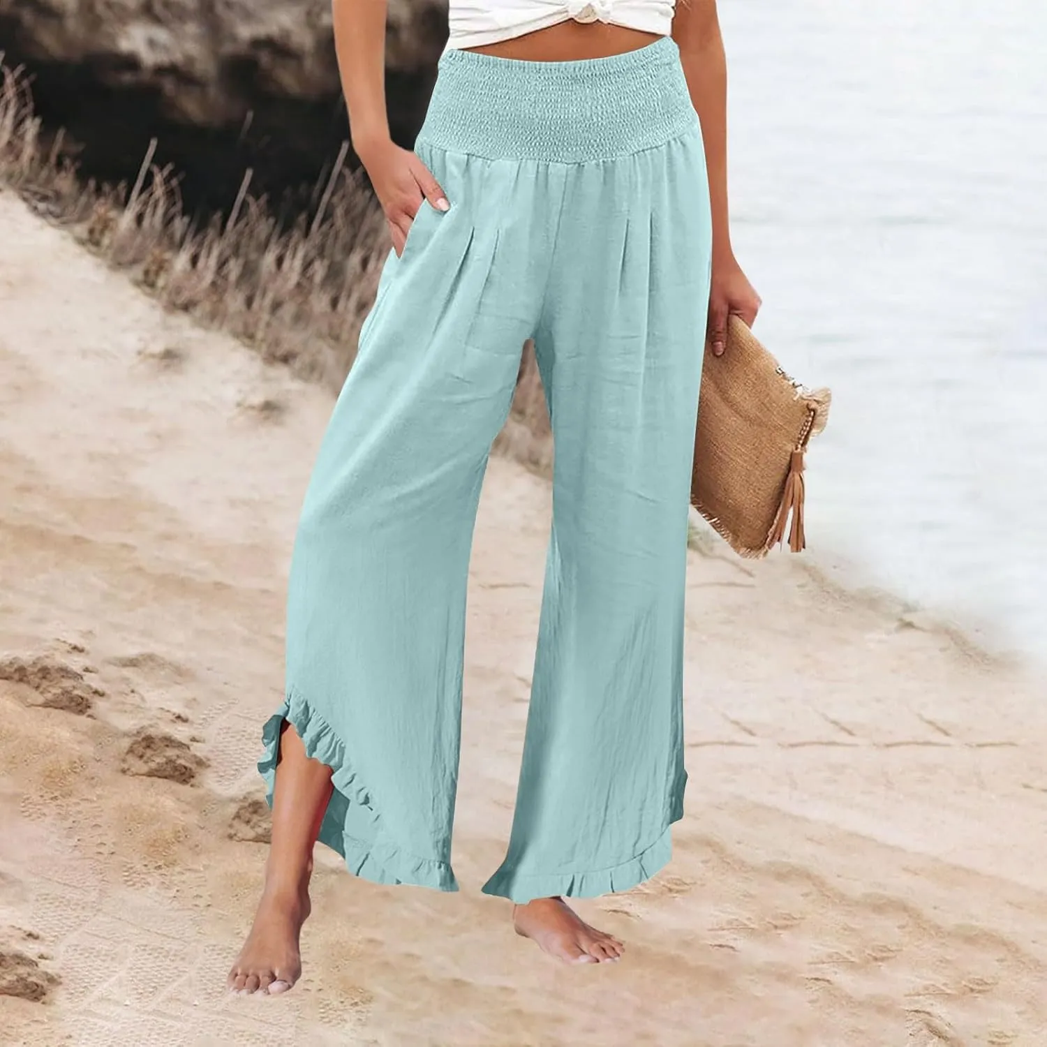 Womens Palazzo Linen Pants Smocked High Waisted Ruffle Hem Wide Leg Pants Loose Fit Summer Beach Trousers with Pockets