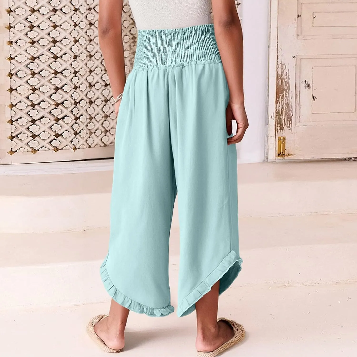 Womens Palazzo Linen Pants Smocked High Waisted Ruffle Hem Wide Leg Pants Loose Fit Summer Beach Trousers with Pockets