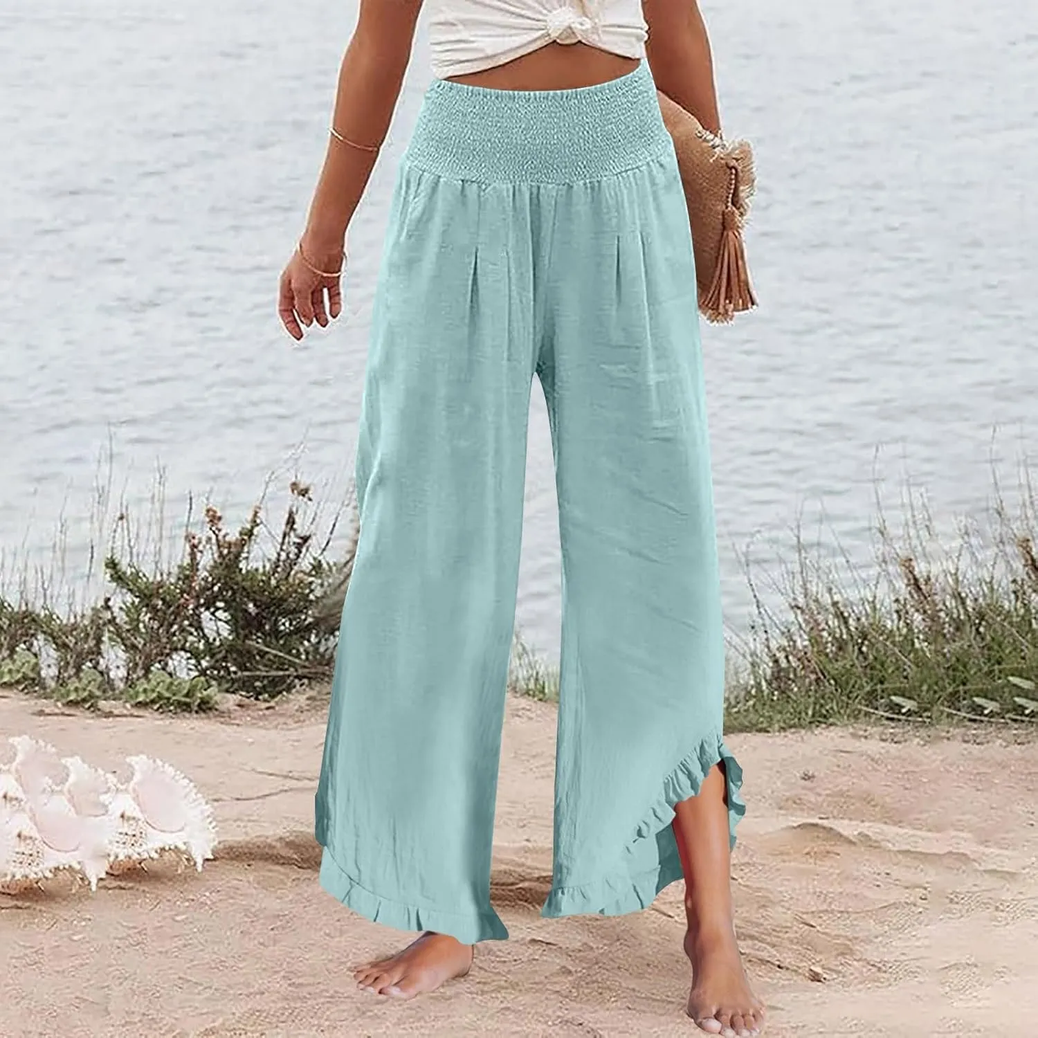 Womens Palazzo Linen Pants Smocked High Waisted Ruffle Hem Wide Leg Pants Loose Fit Summer Beach Trousers with Pockets