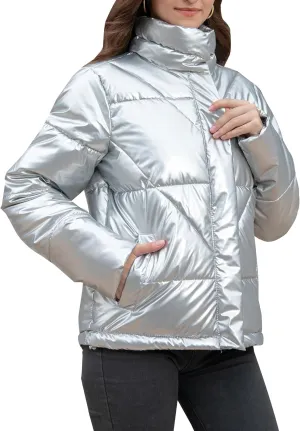 Women's Quilted Metallic Shiny Puffer Jacket Winter Warm Full Zipper Stand Collar Padded Short Coat