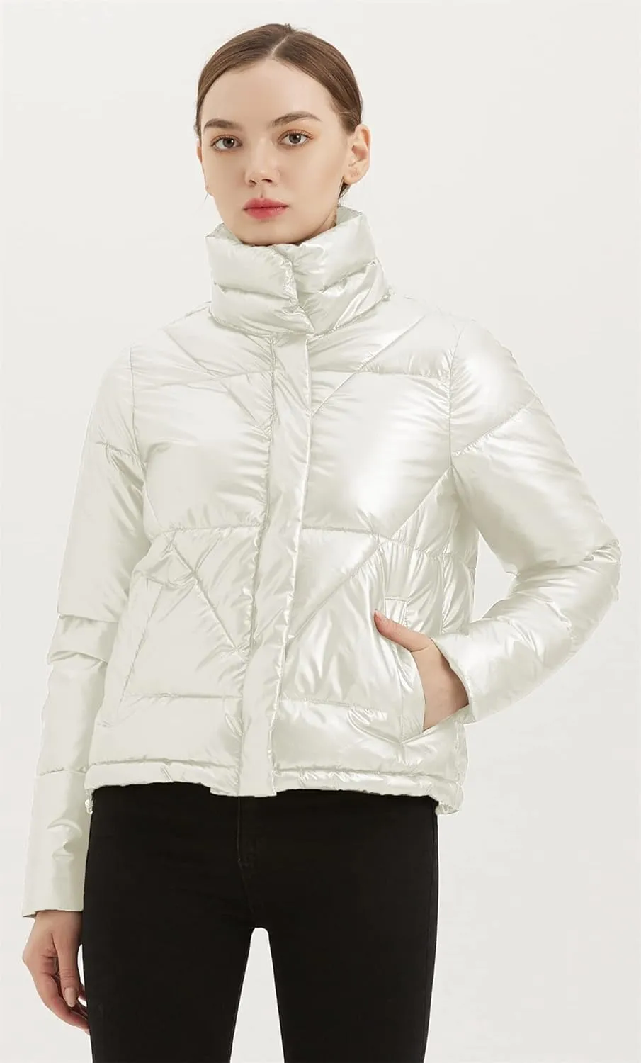 Women's Quilted Metallic Shiny Puffer Jacket Winter Warm Full Zipper Stand Collar Padded Short Coat