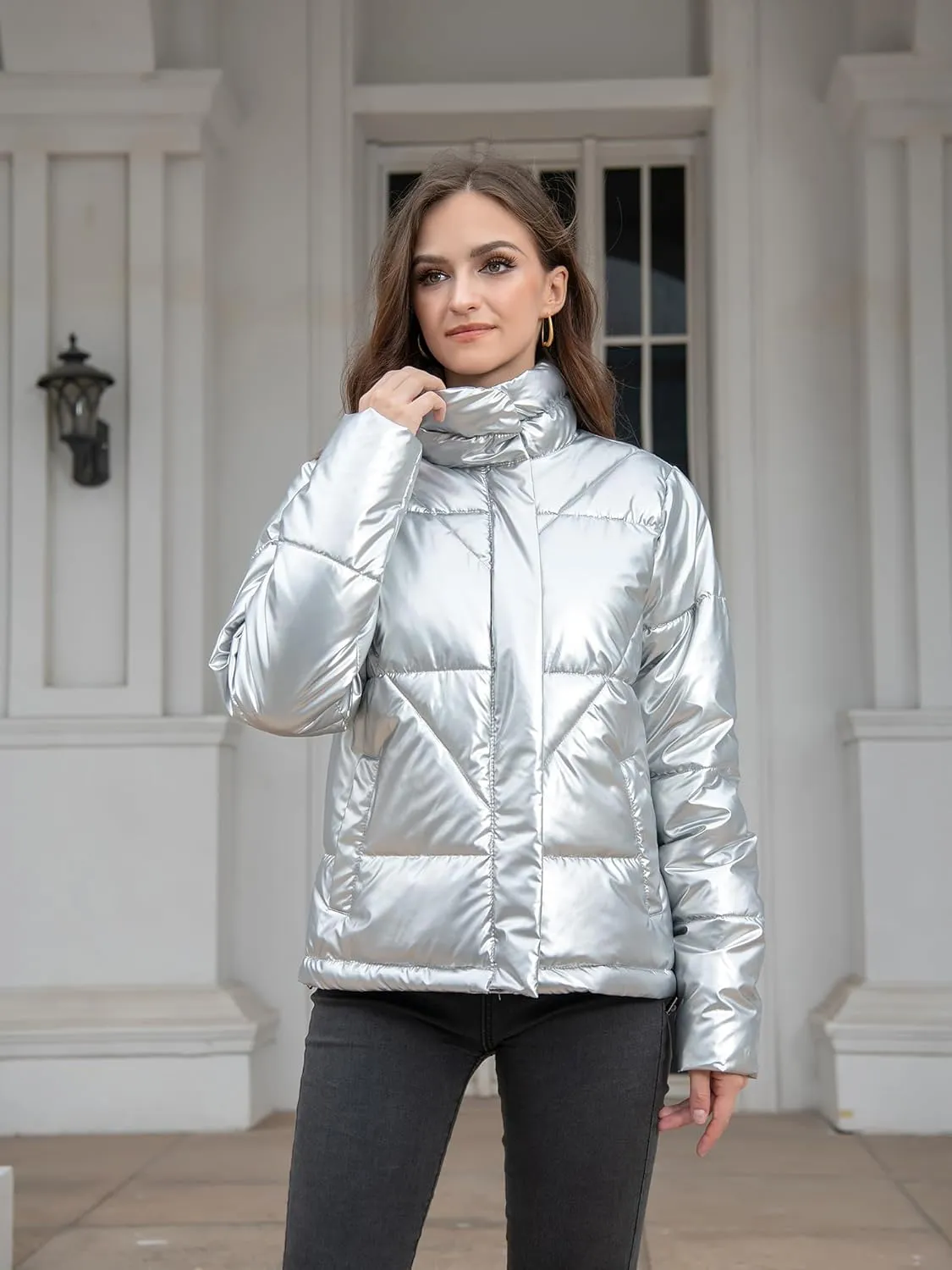 Women's Quilted Metallic Shiny Puffer Jacket Winter Warm Full Zipper Stand Collar Padded Short Coat