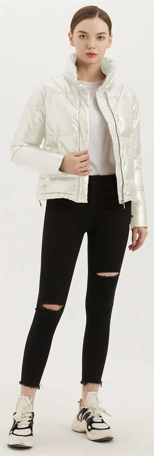 Women's Quilted Metallic Shiny Puffer Jacket Winter Warm Full Zipper Stand Collar Padded Short Coat