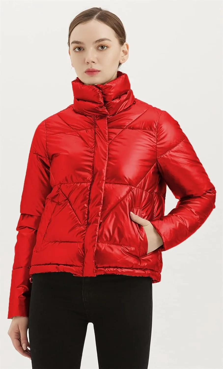 Women's Quilted Metallic Shiny Puffer Jacket Winter Warm Full Zipper Stand Collar Padded Short Coat