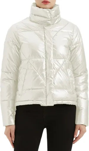 Women's Quilted Metallic Shiny Puffer Jacket Winter Warm Full Zipper Stand Collar Padded Short Coat