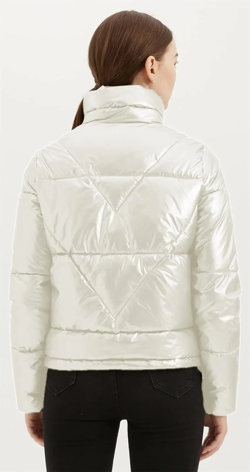 Women's Quilted Metallic Shiny Puffer Jacket Winter Warm Full Zipper Stand Collar Padded Short Coat