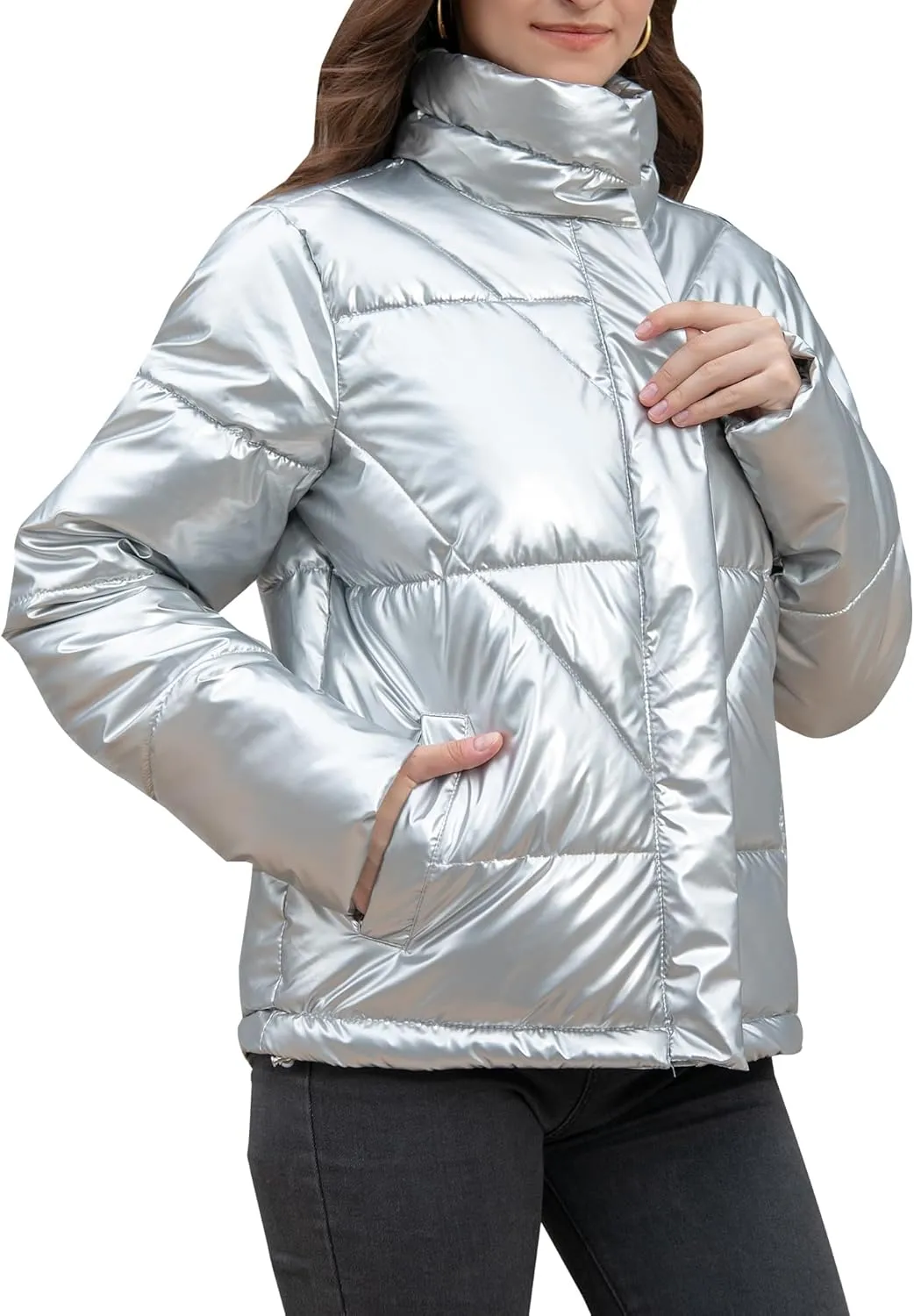 Women's Quilted Metallic Shiny Puffer Jacket Winter Warm Full Zipper Stand Collar Padded Short Coat