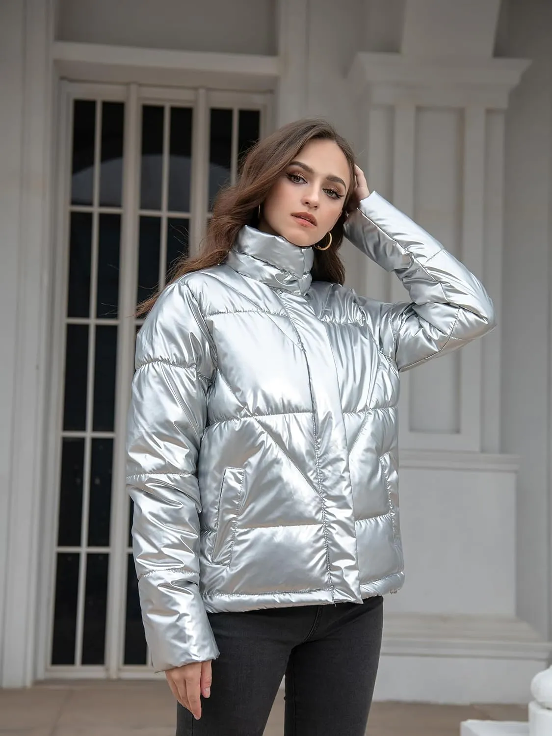 Women's Quilted Metallic Shiny Puffer Jacket Winter Warm Full Zipper Stand Collar Padded Short Coat