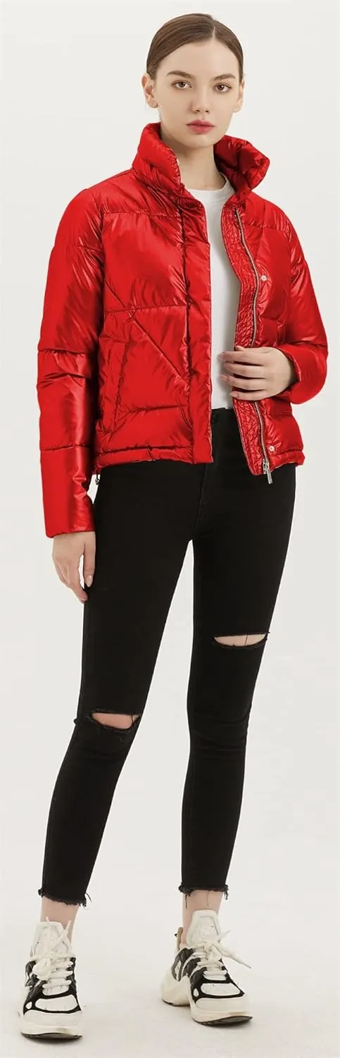 Women's Quilted Metallic Shiny Puffer Jacket Winter Warm Full Zipper Stand Collar Padded Short Coat