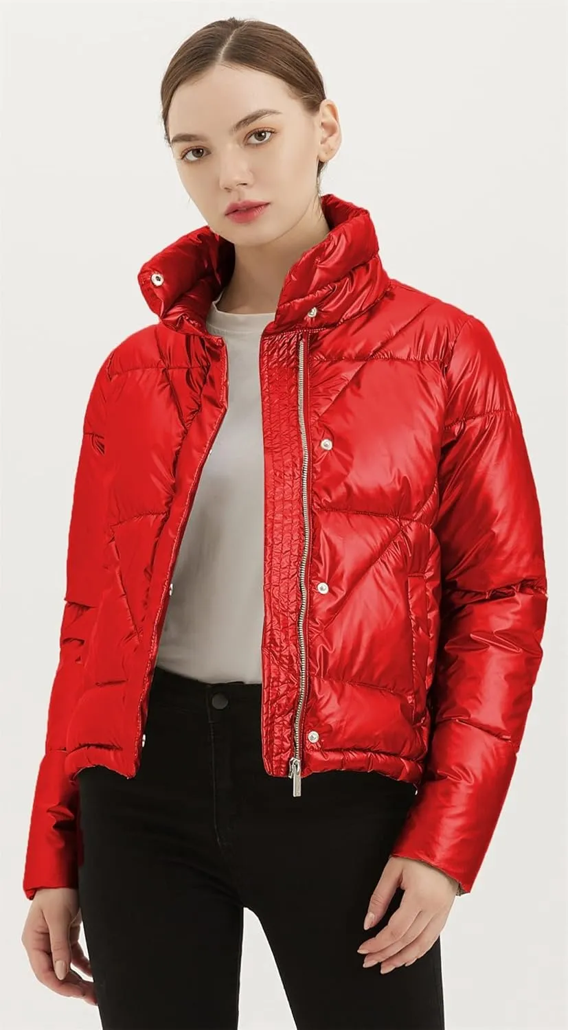 Women's Quilted Metallic Shiny Puffer Jacket Winter Warm Full Zipper Stand Collar Padded Short Coat
