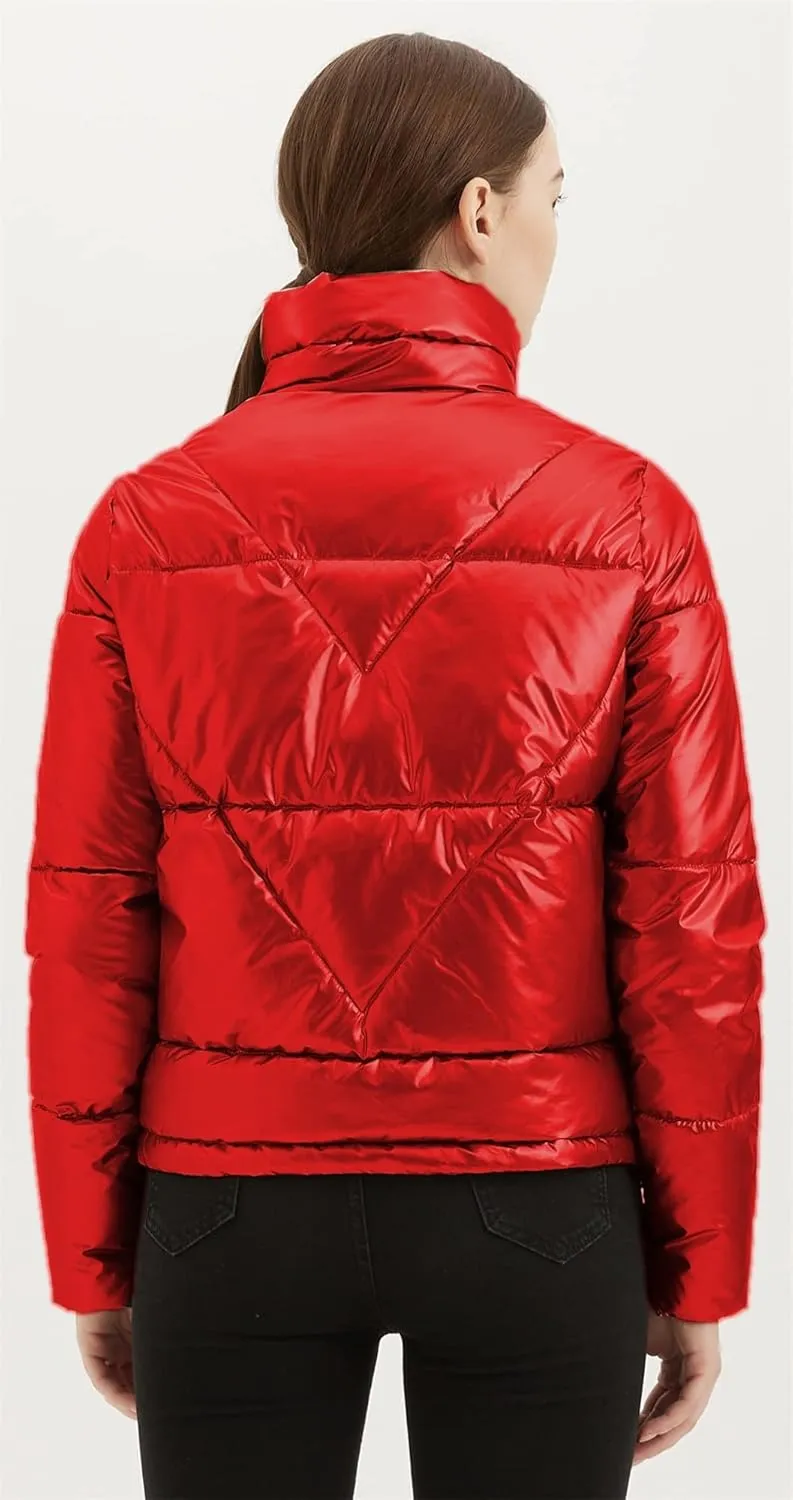 Women's Quilted Metallic Shiny Puffer Jacket Winter Warm Full Zipper Stand Collar Padded Short Coat