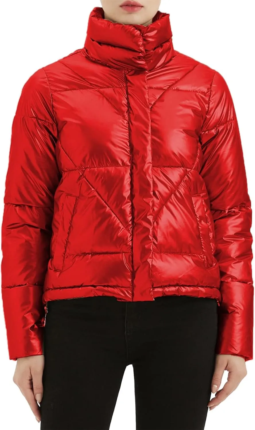 Women's Quilted Metallic Shiny Puffer Jacket Winter Warm Full Zipper Stand Collar Padded Short Coat