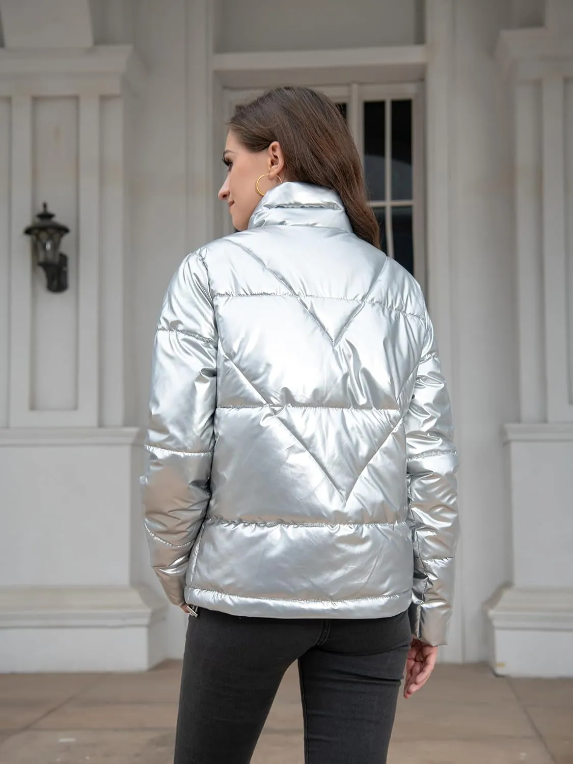 Women's Quilted Metallic Shiny Puffer Jacket Winter Warm Full Zipper Stand Collar Padded Short Coat